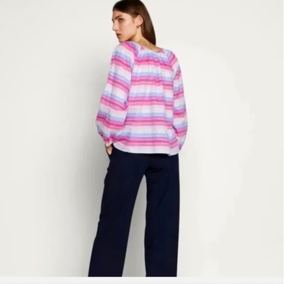 J. CREW Top Blouse Stripes Boho Cotton Peasant Festival Metallic Pink Small - Picture 5 of 10